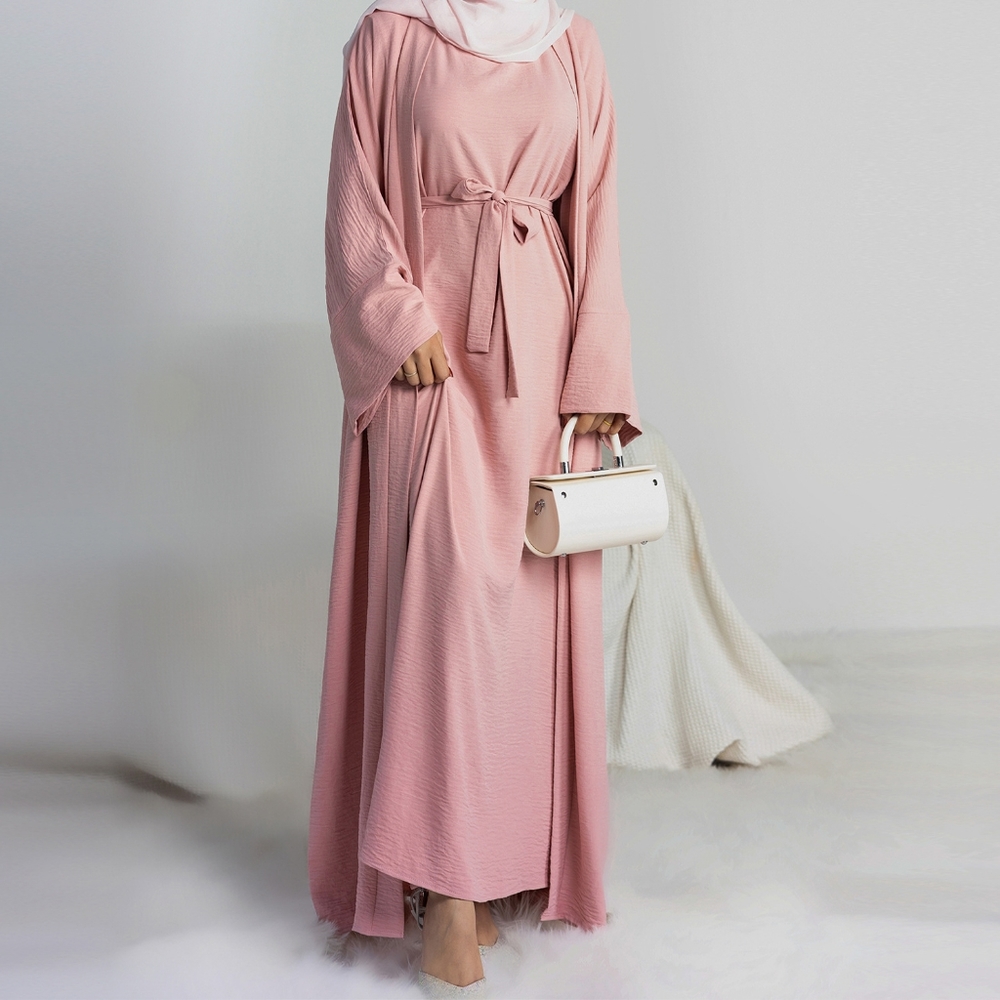 PINK 3 piece Abaya Set (Under Dress, Abaya, & belt)